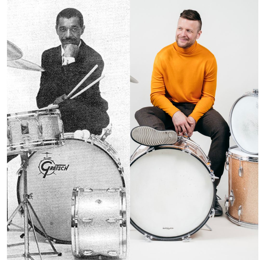 Two drummer photos side by side: Philly Joe Jones (left), Jaakko Lukkarinen (right).